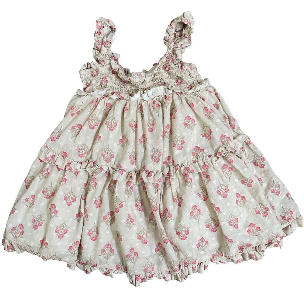 Happily Grey Girls Dress 3T Floral Ruffle Sleeveless Tiered Cotton Beige Pink